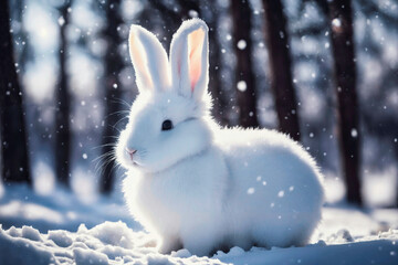 closeup of cute white bunny rabbit with black eyes and straight ears sitting in snow at sunny day in forest snow flakes in air, generative AI