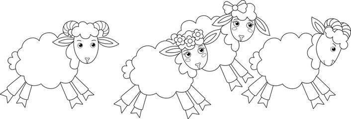 Running flock of sheep - vector linear picture for coloring. Cute sheep, lambs and rams are running - a children's picture for coloring. Outline.