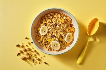  a bowl of cereal with bananas and other toppings next to a spoon and spoon on a yellow surface with a yellow background and a yellow spoon and a few other items to the bowl.