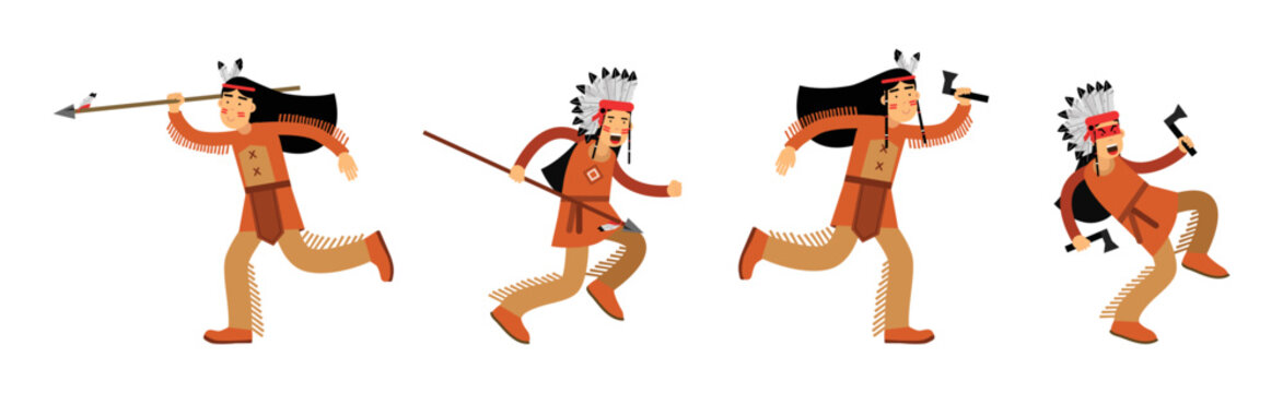 Red Indian or American Indians Man in National Clothing Vector Illustration Set