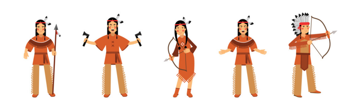 Red Indian or American Indians Man and Woman in National Clothing Vector Illustration Set
