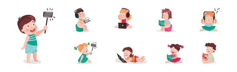 Little Kids Using Mobile Gadget Browsing in the Internet Vector Set