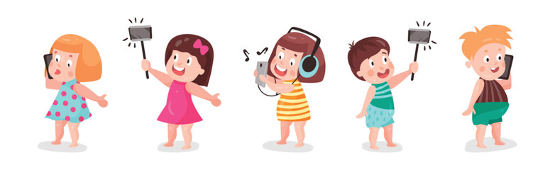 Little Kids Using Mobile Gadget Browsing in the Internet Vector Set