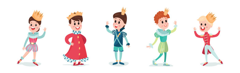 Young Boy Prince Wearing Royal Clothing and Crown on His Head Vector Set