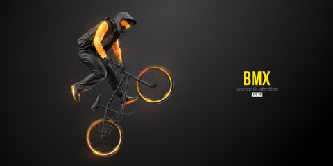 Abstract silhouette of a bmx rider, man is doing a trick, isolated on black background. Cycling sport transport. Vector illustration