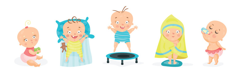 Cute Little Baby or Toddlers Doing Different Activities Vector Set