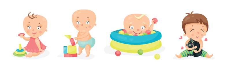 Cute Little Baby or Toddlers Doing Different Activities Vector Set