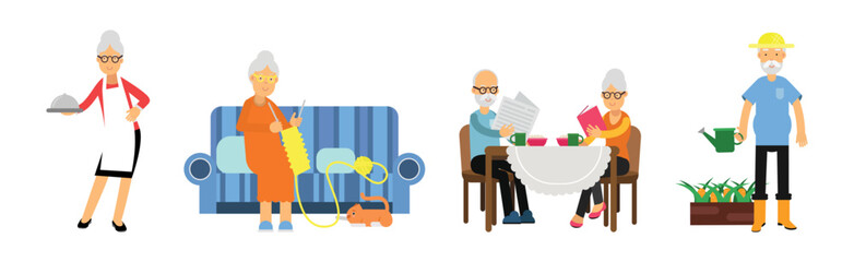 Senior Man and Woman on Retirement Spending Free Time Engaged in Hobby Activity Vector Set