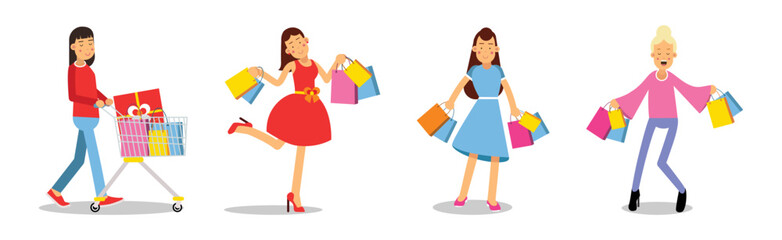 Fototapeta na wymiar Woman Carrying Shopping Bags with Purchases Vector Set