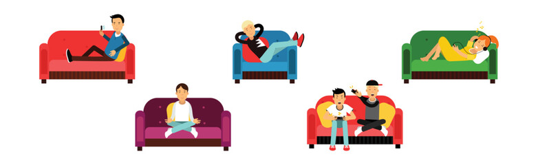 Man and Woman at Home Having Rest Relaxing on Sofa and Armchair Vector Set