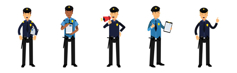 Man Police Officer in Uniform Working Performing His Duty Vector Set