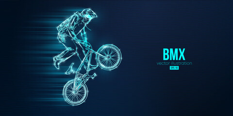Abstract silhouette of a bmx rider, man is doing a trick, isolated on blue background. Cycling sport transport. Vector illustration