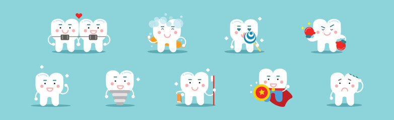Dental Hygiene with White Teeth on Blue Background Vector Set