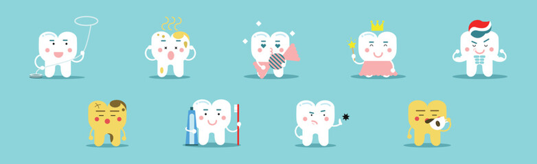 Dental Hygiene with White Teeth on Blue Background Vector Set