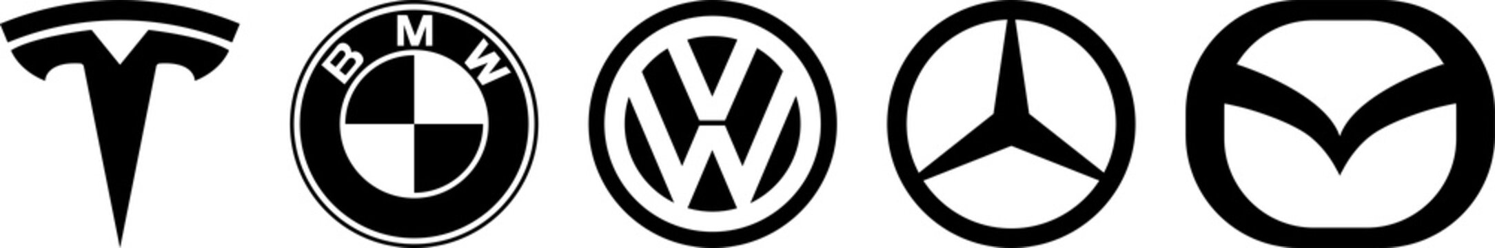 Logo of cars brand set. Black logo of popular brands of cars. Tesla, bmw, volkswagen, mercedes, mazda. PNG 