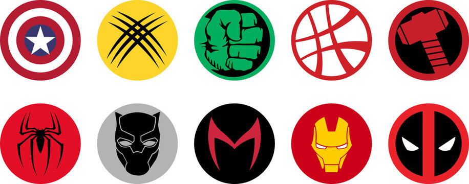 Most famous superheroes Marvel logos. Deadpool, Hulk, Spider-Man, Scarlet Witch, Captain America, Thor, Iron Man. PNG image