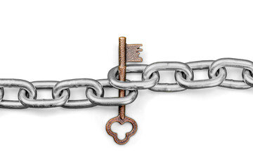 Gold key tangled up in a metal chain