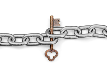 Gold key tangled up in a metal chain