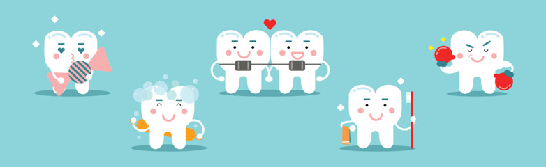 Dental Hygiene with White Teeth on Blue Background Vector Set