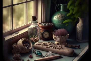  a painting of a window sill with a clock, vase, and other items on it, including a pen, a glass jar, a clock, and a plant in a vase.