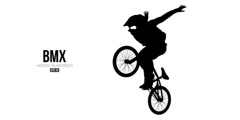 Abstract silhouette of a bmx rider, man is doing a trick, isolated on white background. Cycling sport transport. Vector illustration