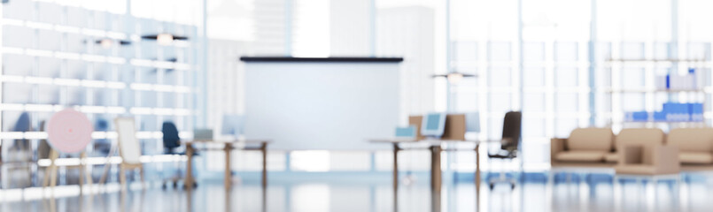 Fototapeta premium Big modern office panoramic view with city view at the background . office furniture and big screen for your information or text. 3D rendering illustration