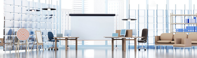 Blurred background of big office place with desk, computers, projector screen and windows. 3D rendering illustration