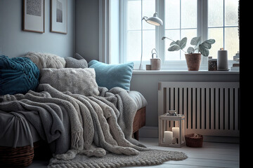 Cosy bedroom, winter interior with warm blanket, Generative AI