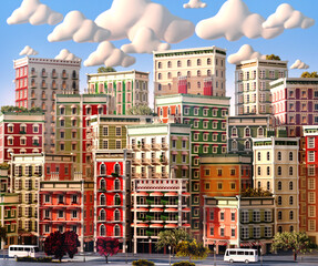Beautiful city with white empty  banners at the roofs 3D rendering illustration. Apartments buildings at sunset.