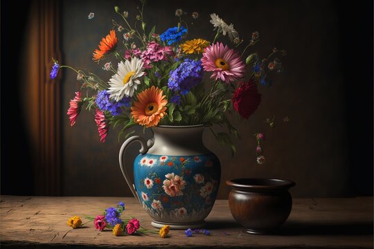  a painting of a vase with flowers in it and a jar of flowers on the table next to it on a table top with a brown background with a wooden surface and a few other items.