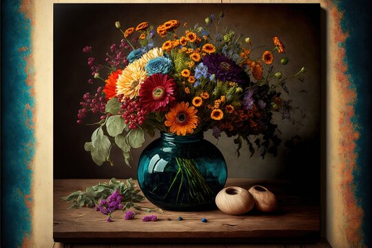  a painting of a vase of flowers and two onions on a table with a blue background and a brown frame around it with a blue border around the vase and a few orange and yellow flowers.