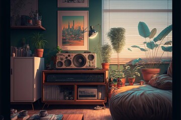Lofi living room, beautiful chill, atmospheric wallpaper. background. lo-fi, hip-hop style. Anime and manga style. - obrazy, fototapety, plakaty
