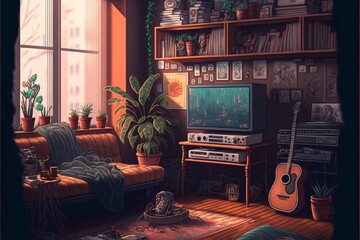 Lofi living room, beautiful chill, atmospheric wallpaper. background. lo-fi, hip-hop style. Anime and manga style.