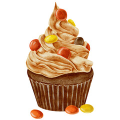 Watercolor chocolate cupcake with orange and yellow candies. Transparent background Png