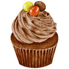 Watercolor chocolate cupcake with orange and yellow candies. Transparent background Png