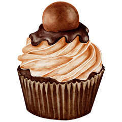 Watercolor chocolate cupcake with big chocolate ball. Transparent background Png