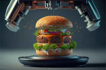  a hamburger with a microscope in the background and a hamburger in the foreground with a burger on it, and a microscope in the middle of the picture, with a hamburger being a.
