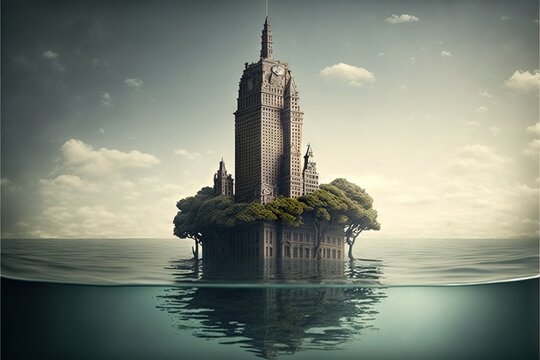  a very small island with a very tall building on it's head in the middle of the ocean with a tree growing out of it's top in the water, with a cloudy sky.