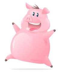 One happy pig cartoon jumping and smile isolated on white, cheerful fat pink pig illustration