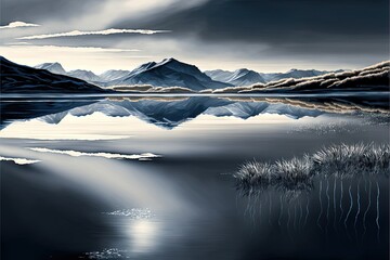  a painting of a mountain lake with a sky background and clouds in the sky and a sunbeam in the water with a few clouds in the sky and a few clouds in the water.