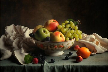  a painting of a bowl of fruit on a table with grapes, apples, and oranges on it, with a cloth draped over it, and a cloth on the tablecloth,.