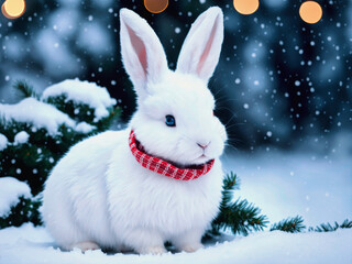 closeup of cute white bunny rabbit with red neck scarf blue eyes and straight ears sitting in snow at sunny day in forest snow flakes in air, generative AI