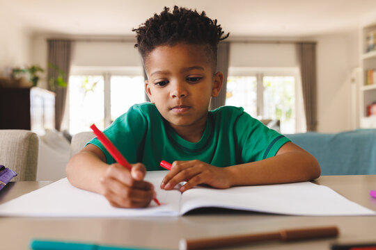 Happy african american boy sitting at table, having online lesson