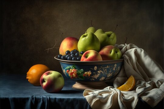  a painting of a bowl of fruit on a table with a cloth and a cloth on the tablecloth, and a bowl of fruit on the table, with a cloth, and a cloth,.