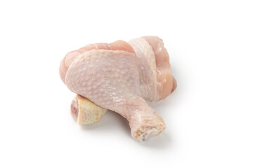 Fresh uncooked raw chicken legs drumsticks isolated on a white background with clipping path, cut out. .