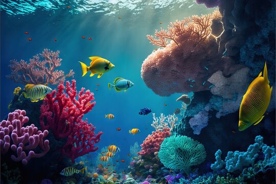  a colorful coral reef with many different types of fish and corals on it's surface, with sunlight streaming through the water's surface, and a soft. Generative AI