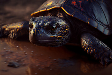 Obraz premium Concept Pollution nature water from oil spill. Sea turtle covered in oil petrol waste. Generation AI
