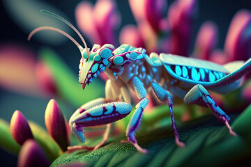 Orchid Mantis beautiful insect on an orchid, Generative AI