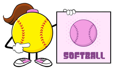 Softball Girl Faceless Cartoon Mascot Character Pointing To A Sign With Text Softball. Hand Drawn Illustration Isolated On Transparent Background