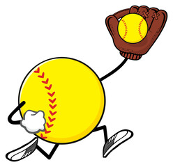 Softball Faceless Player Cartoon Mascot Character Running With Glove And Ball. Hand Drawn Illustration Isolated On Transparent Background